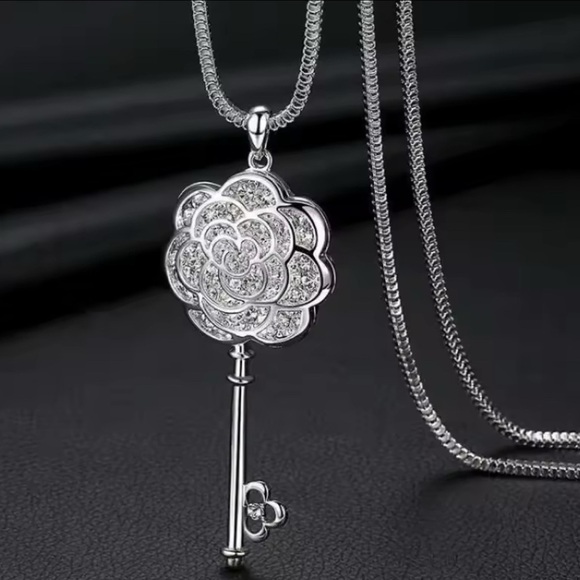 Moon Goddess Emporium Jewelry - 925 Sterling Silver Camellia Blossom Key Long Chain Necklace w/ Zircon Accents